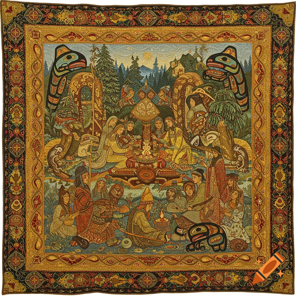 Intricate tapestry showing a forest gathering of people in traditional attire, blending Russian and Salish art styles.