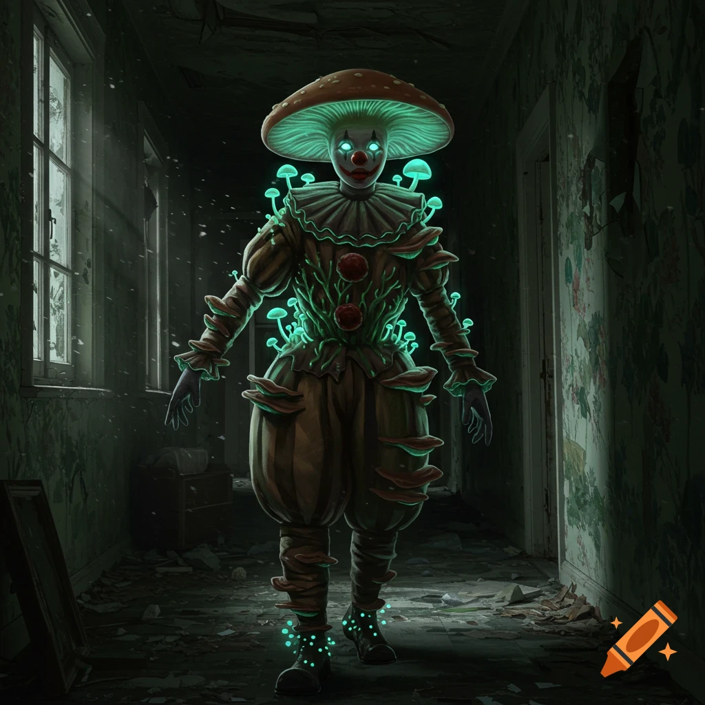 A creepy mushroom clown with glowing eyes and bioluminescent mushrooms on its body stands in a dark, dilapidated hallway.