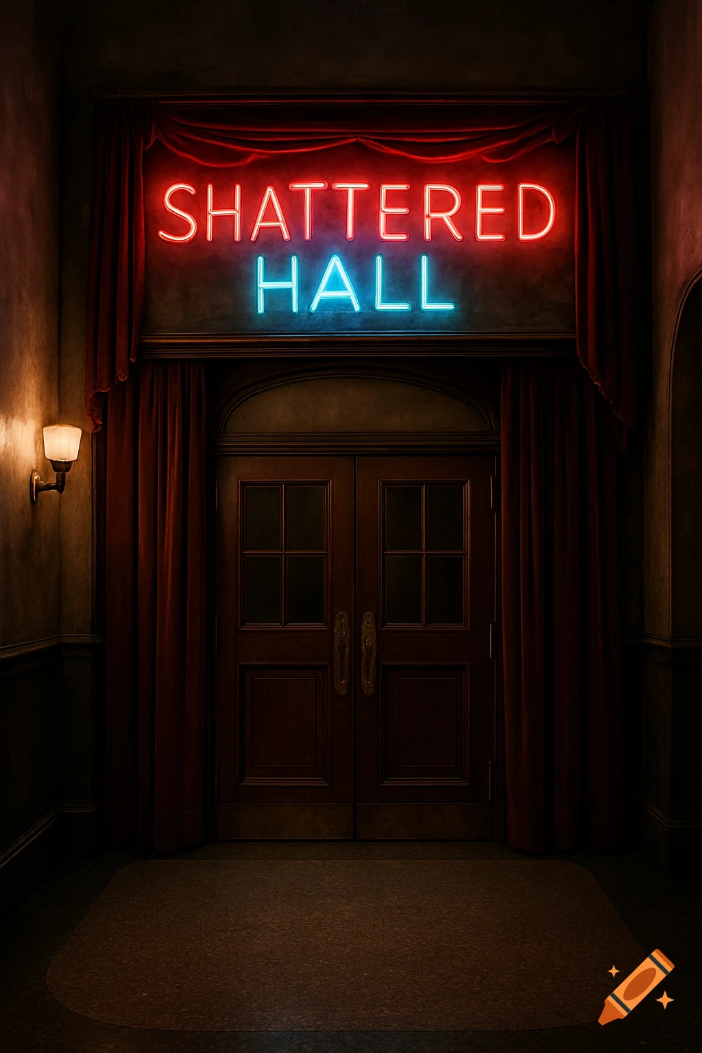 Photorealistic image of a vintage theatre entrance with a red and blue neon sign reading 'Shattered Hall' above dark wooden doors, flanked by red curtains.
