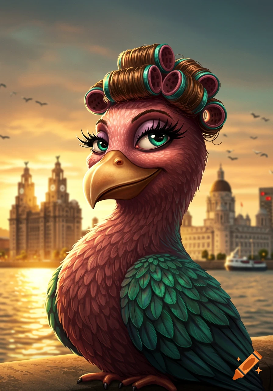A cartoon pink Liver Bird with hair rollers and long eyelashes, posing in front of a golden sunset over a city skyline. Digital art.