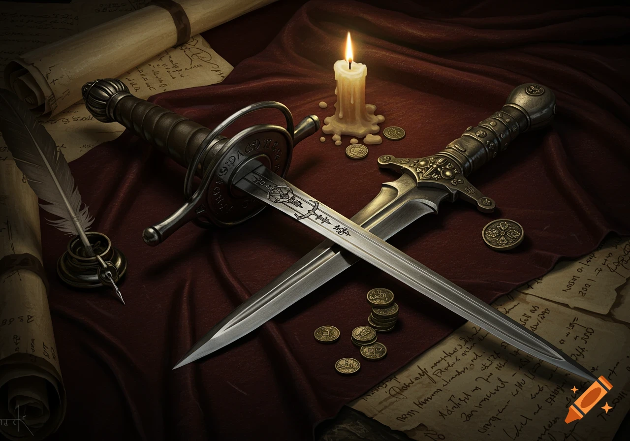 Two medieval swords, a rapier and a dagger, crossed on a red velvet cloth next to a lit candle, coins, an inkwell with a quill, and old scrolls.