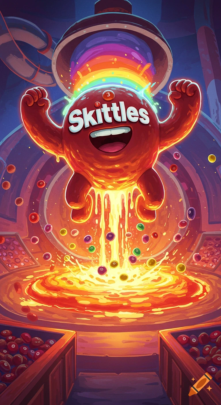 Vibrant cartoony illustration of a giant red anthropomorphic Skittle bursting from an exploding candy factory amidst molten sugar and rainbow light.