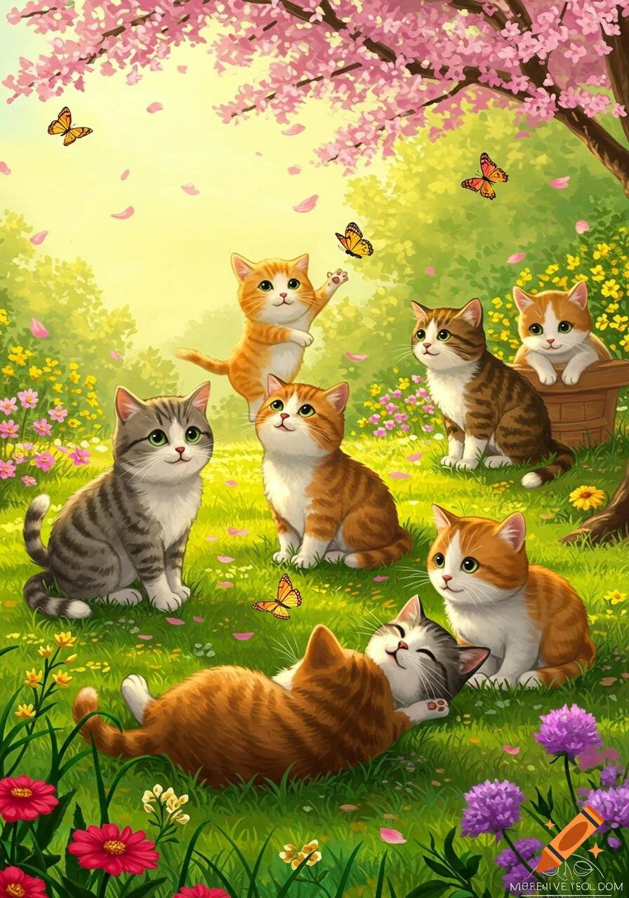 Seven cute cartoon cats playing in a vibrant green field with pink cherry blossoms and colorful flowers.