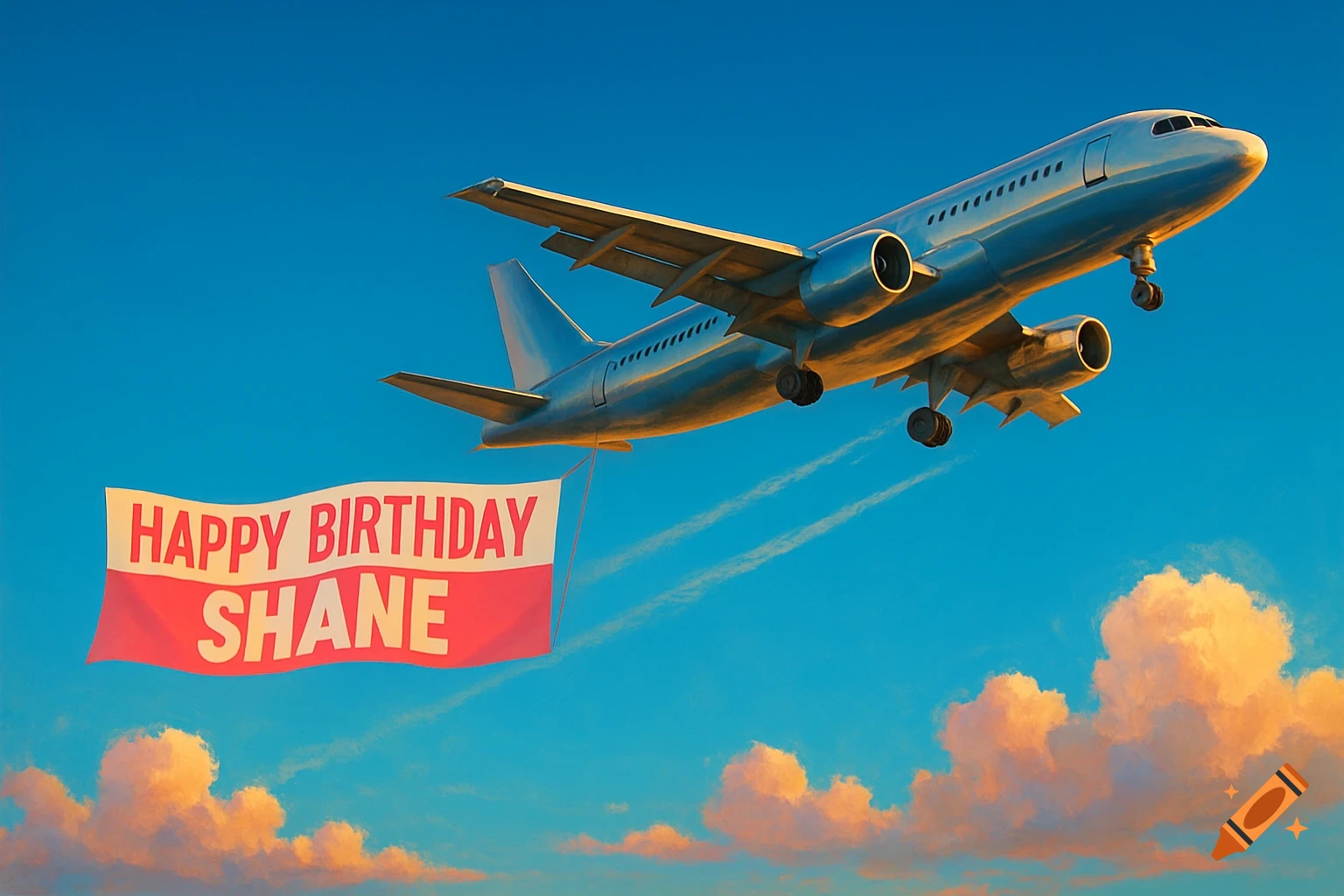 An airplane flying in a blue sky pulls a banner that reads 'HAPPY BIRTHDAY SHANE' above fluffy clouds.