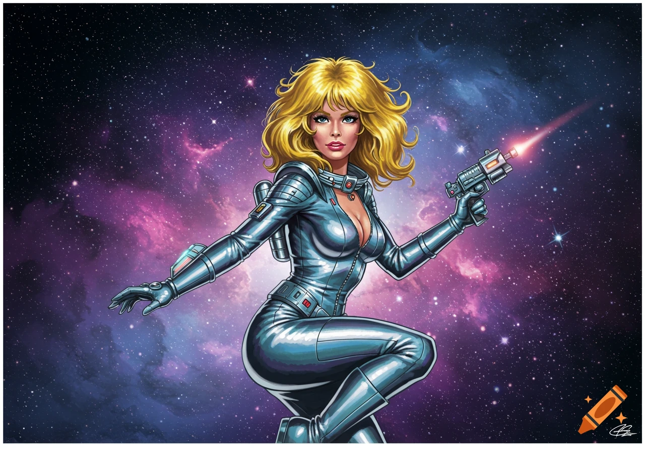 A retro comic art illustration of a blonde woman in a silver sci-fi suit holding a laser gun against a starry space background.