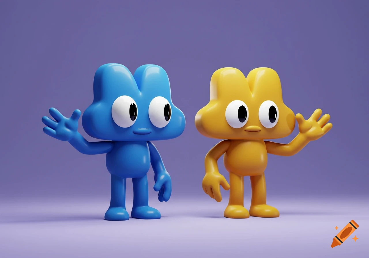 Two 3D rendered cartoon characters, a blue one and a yellow one, stand against a purple background, both waving.