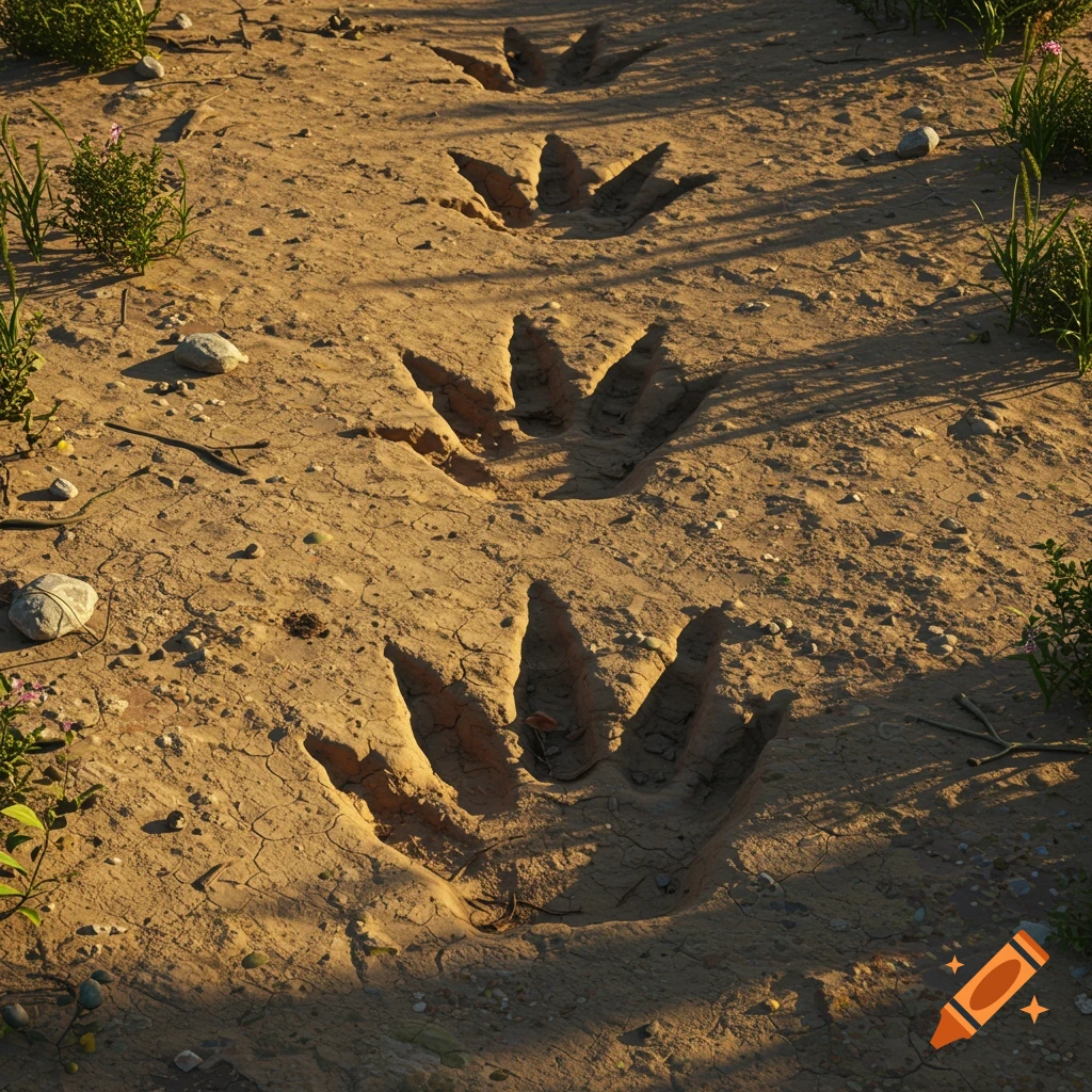 Photorealistic close-up of large three-toed dinosaur footprints in dry, cracked dirt with small stones and sparse green vegetation.
