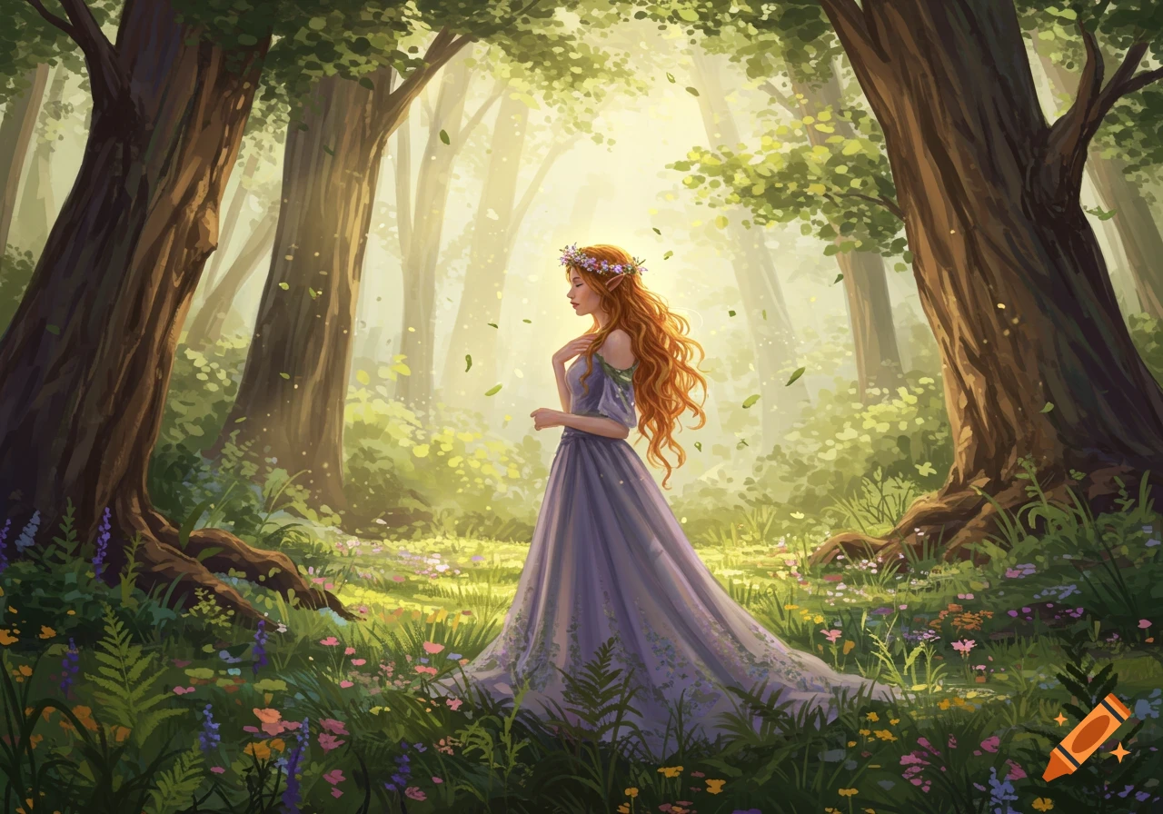 Illustration of a red-haired woman with a floral crown in a magical, sun-dappled forest.
