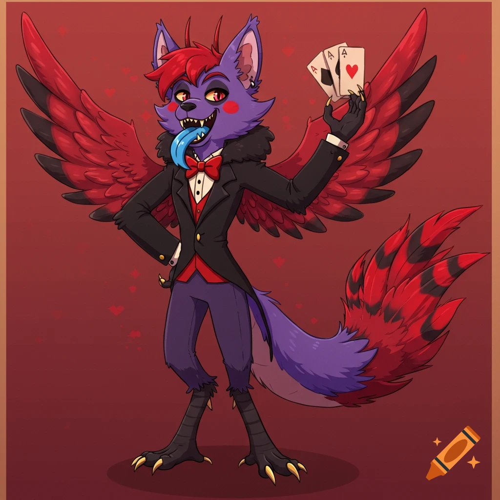 A cartoonish purple and red anthropomorphic winged creature in a black tuxedo holds playing cards. It has red hair, a blue tongue, and sharp teeth.