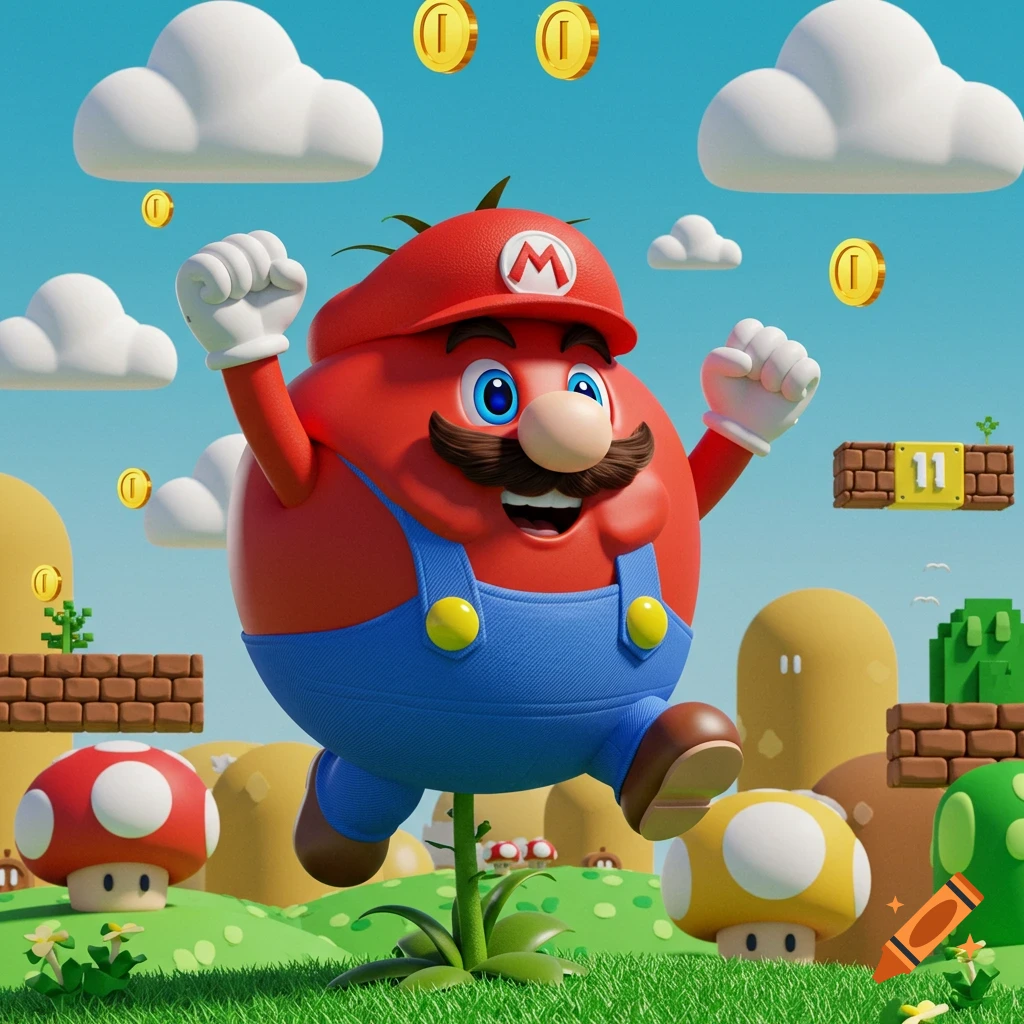 A cheerful, round tomato-like Mario character leaps in a vibrant 3D rendered Super Mario Bros. world with coins, clouds, and mushrooms.