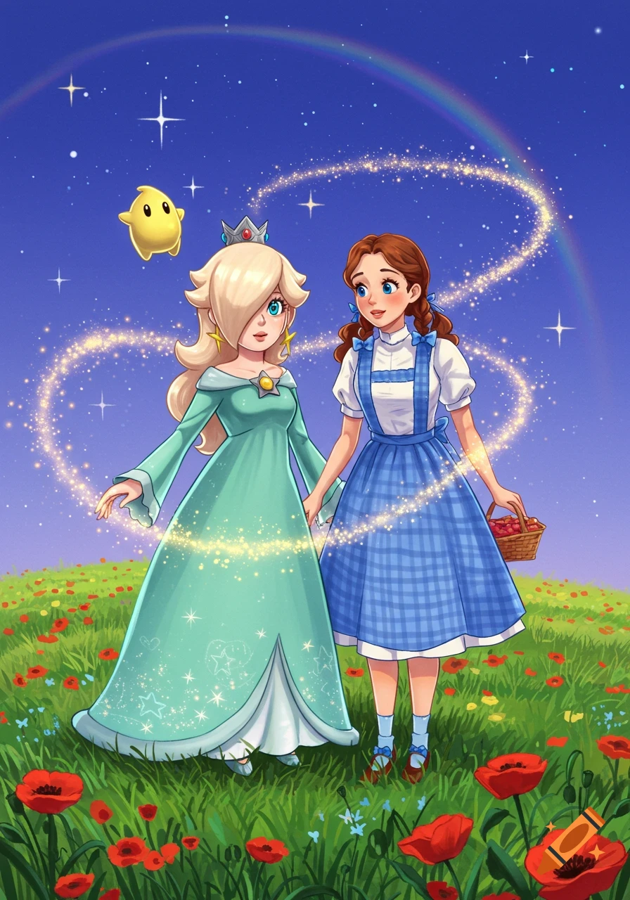 Princess Rosalina and Dorothy Gale stand in a poppy field under a starry sky with a rainbow and magic, a Luma floats nearby. Digital illustration.