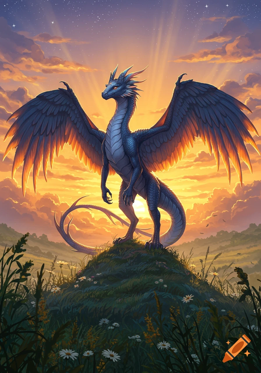 Majestic blue dragon with large wings on a grassy hill, silhouetted against a vibrant sunset sky with sun rays.