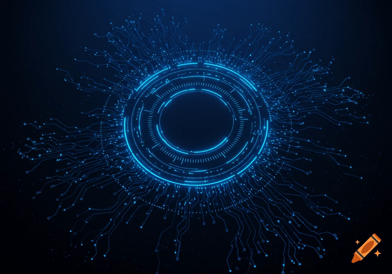 Glowing neon-blue concentric circles with branching circuit lines on a dark background, in a futuristic high-tech style.