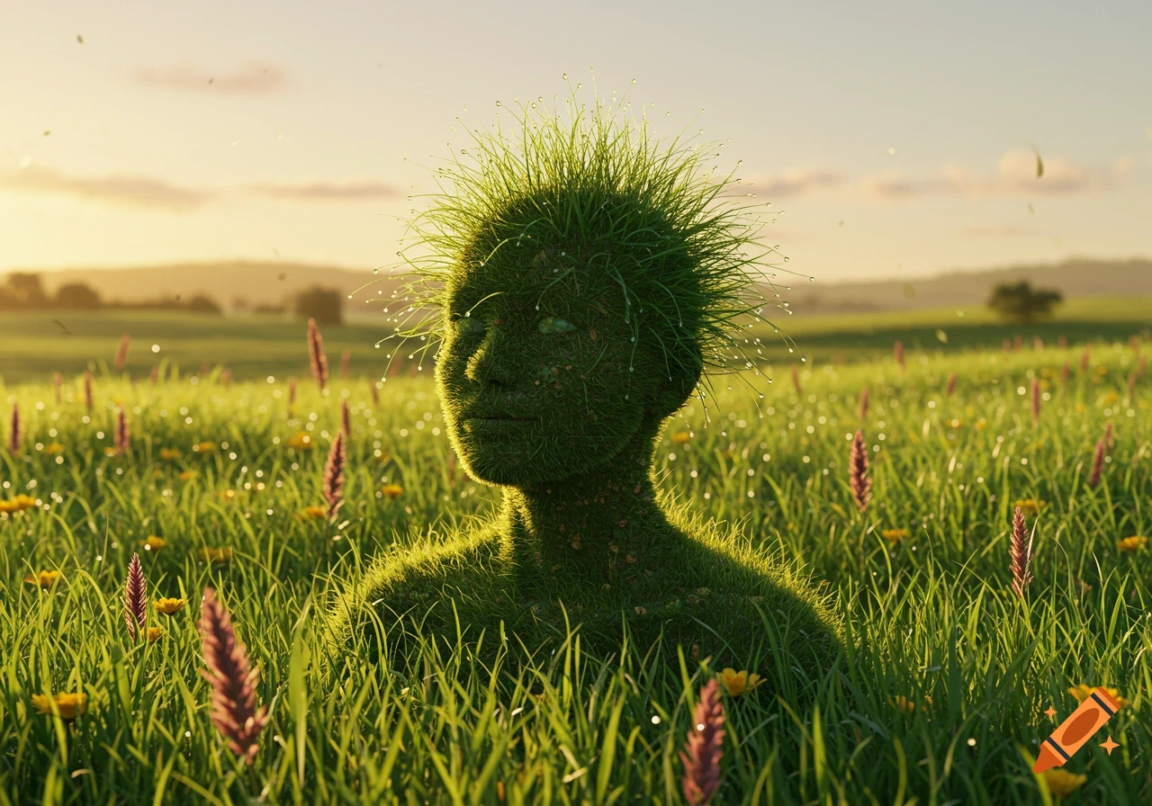 A photorealistic person-like figure made of green grass, with dew drops on its spiky grass head, in a lush field at sunset.