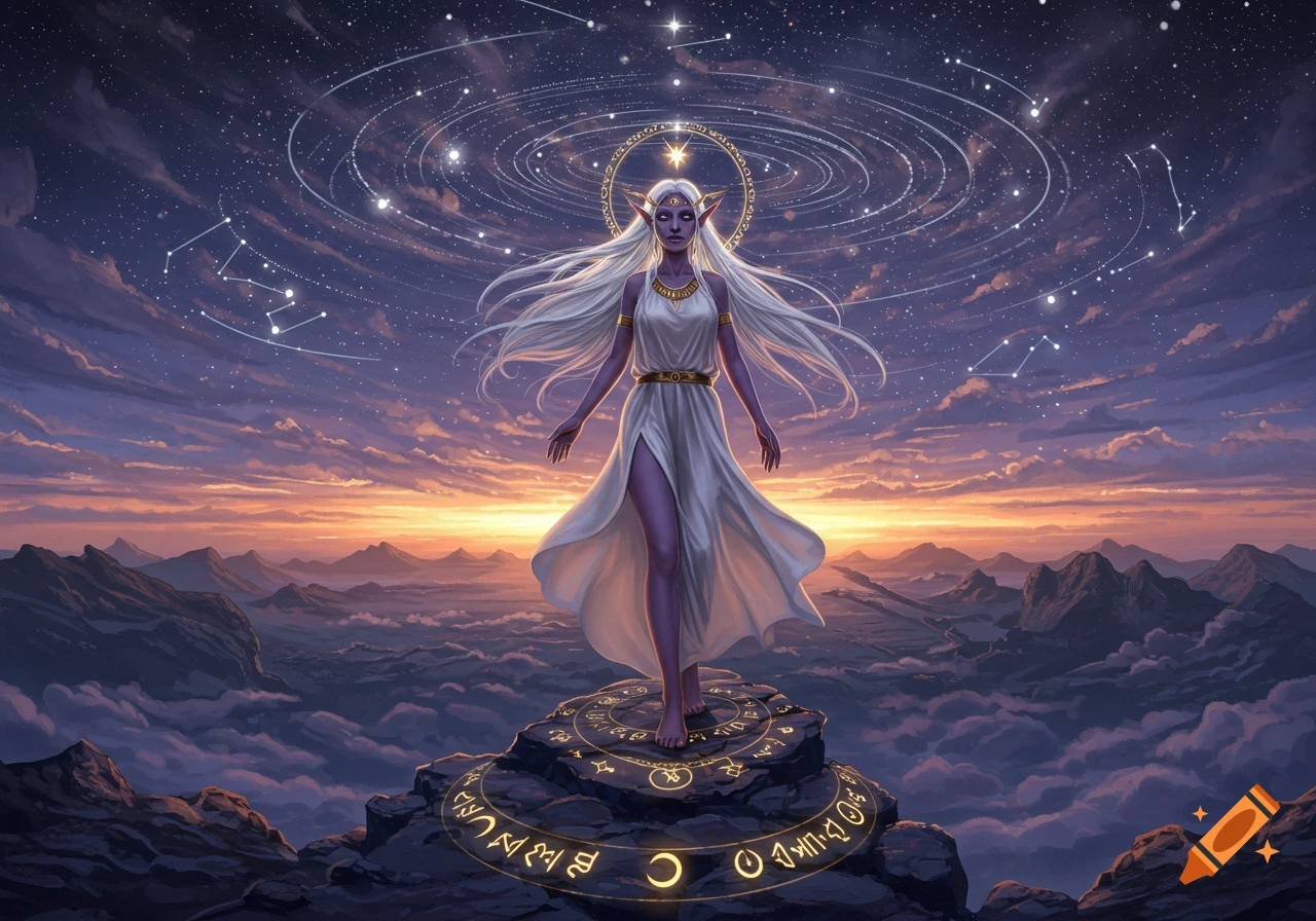 A majestic elf-like goddess with long white hair stands on a glowing runic rock platform, gazing forward. Stars, constellations, and spiraling light adorn the purple and orange sunset sky above mountains and clouds. Stylized art.