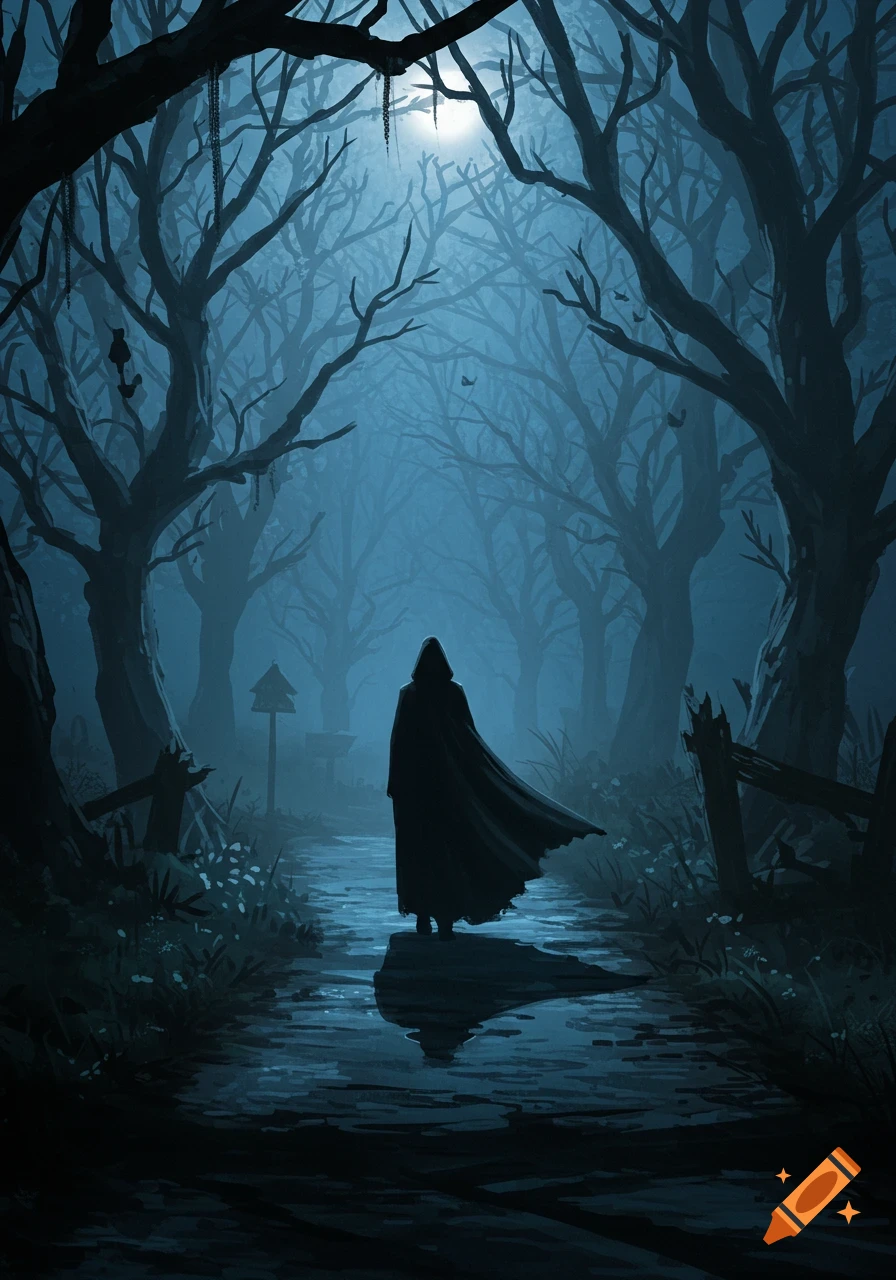A cloaked figure stands on a path in a dark, misty forest under a bright moon, in a stylized fantasy art style.