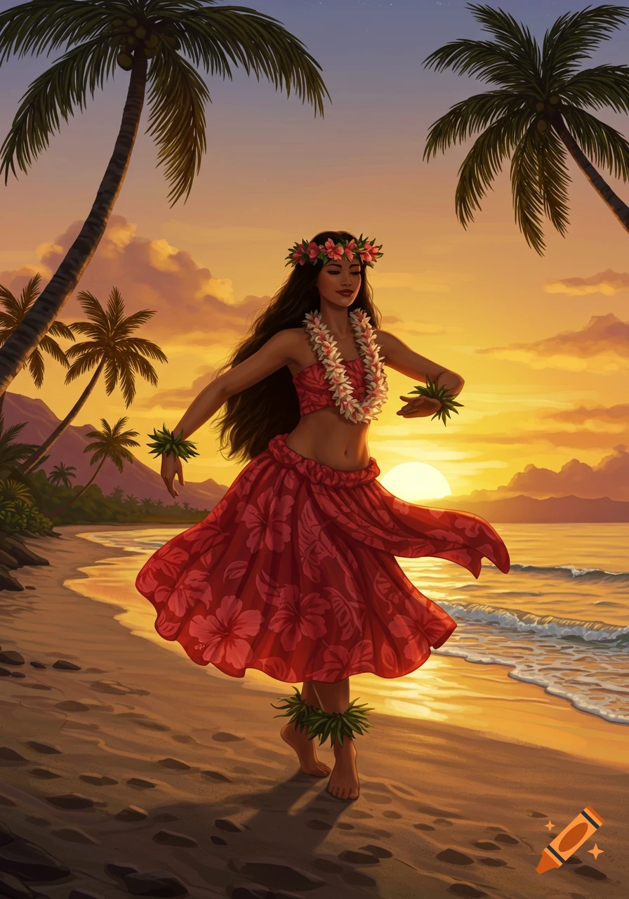 A woman in a red hula outfit dances on a tropical beach at sunset, with palm trees and ocean waves.