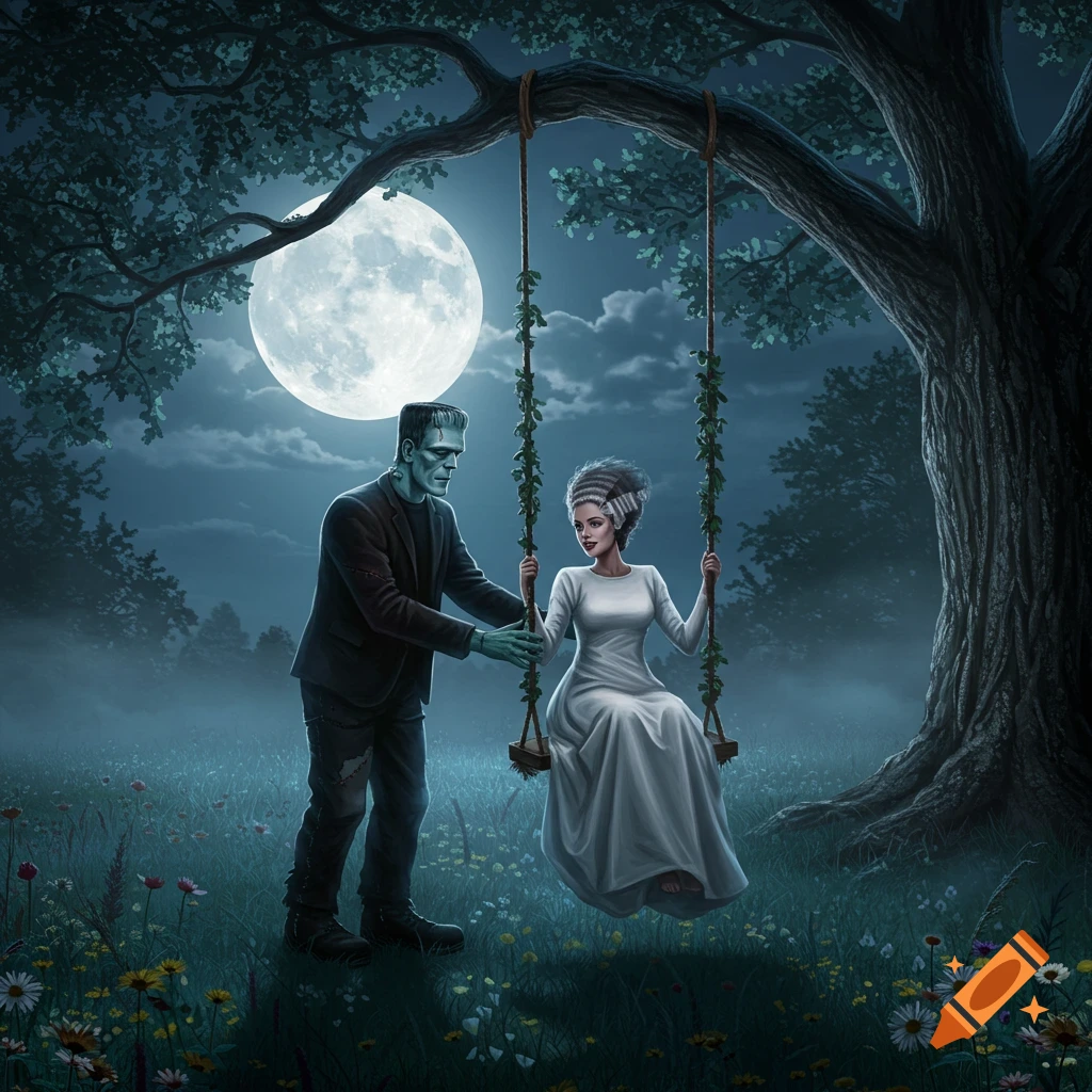 Frankenstein's monster pushes his bride on a swing under a large full moon in a misty, dark forest. Illustrative, gothic style.