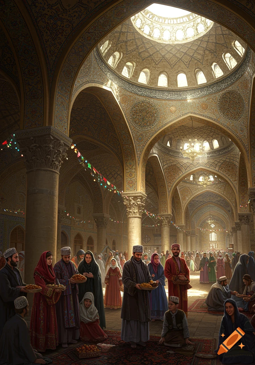 A grand, ornate mosque or bazaar interior with high domed ceilings and arches, filled with people in traditional Middle Eastern attire celebrating.