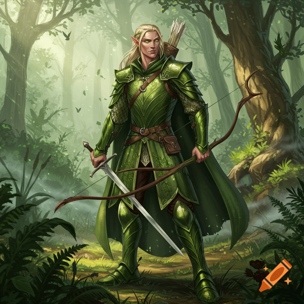 A male elven ranger with long blonde hair and green eyes, wearing green armor, holds a sword and a short bow in a lush forest.