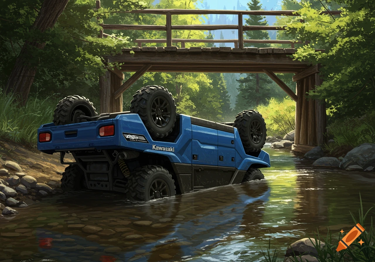 A blue Kawasaki off-road vehicle is flipped upside down in a shallow creek under a wooden bridge in a forest, digital painting.