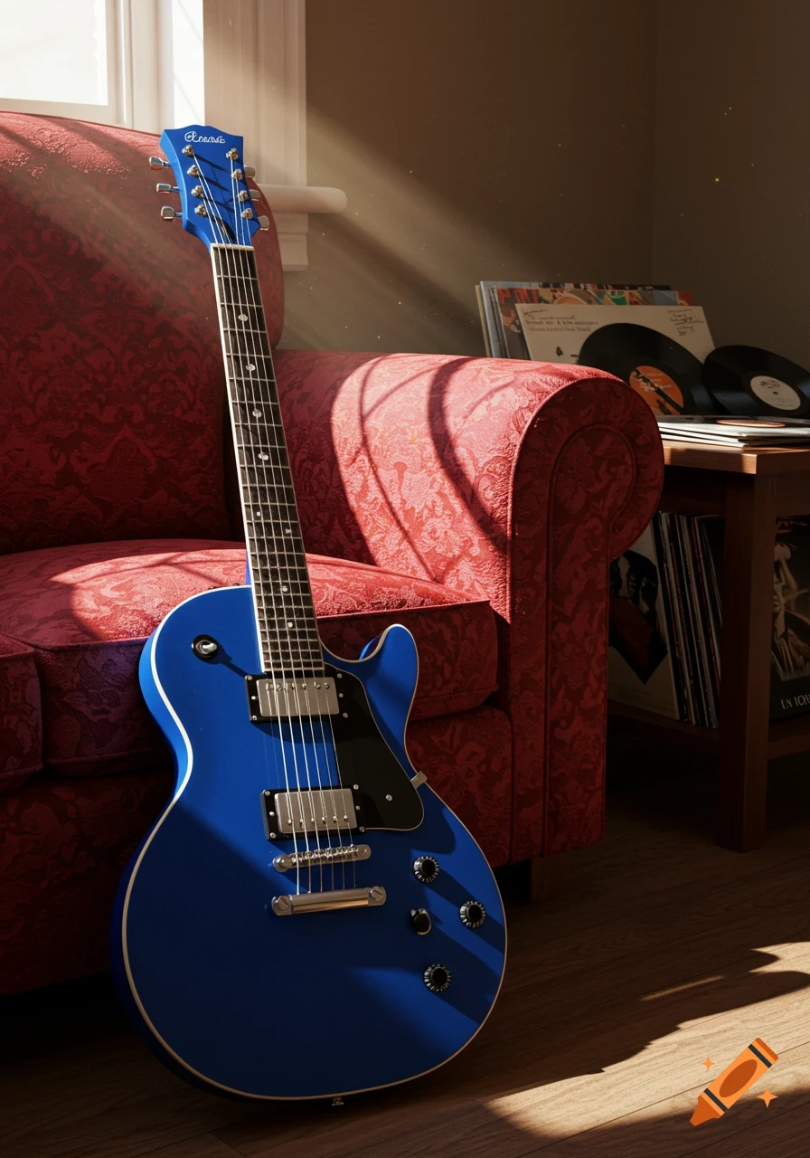 A vibrant blue electric guitar leans against a plush red sofa in a warmly lit room with a record collection on a side table. Photorealistic style.