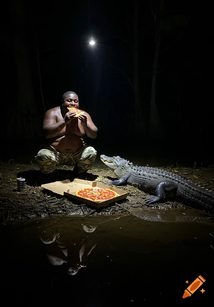 A man crouches in a dark swamp at night, eating pizza next to an alligator and a pizza box, lit by a harsh flash.