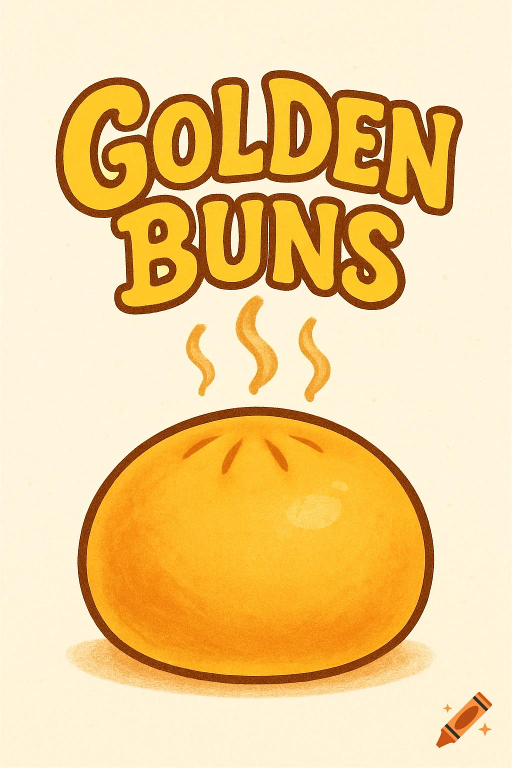 A cartoon illustration of a golden steaming bun with the text 'Golden Buns' above it.