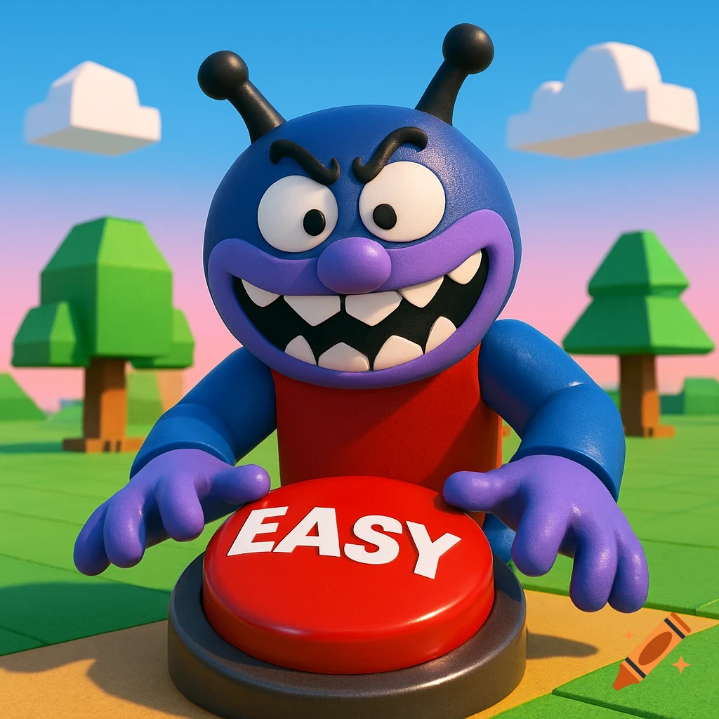A blue, cartoonish monster with sharp teeth and antennae presses a large red button labeled 'EASY' in a vibrant, blocky 3D game world.