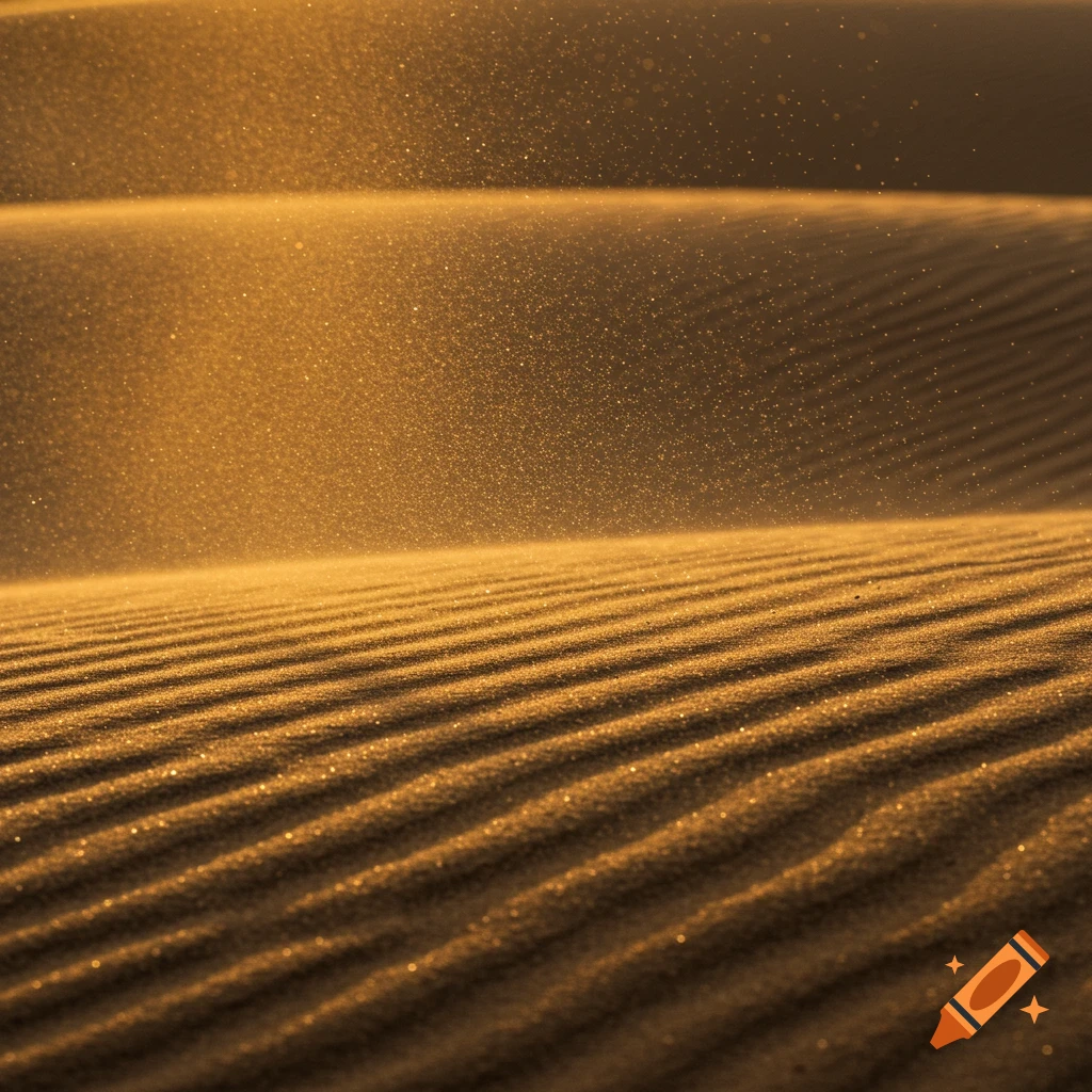 Close-up of golden sand dunes with wind-blown ripples and glittering dust, lit by warm light.