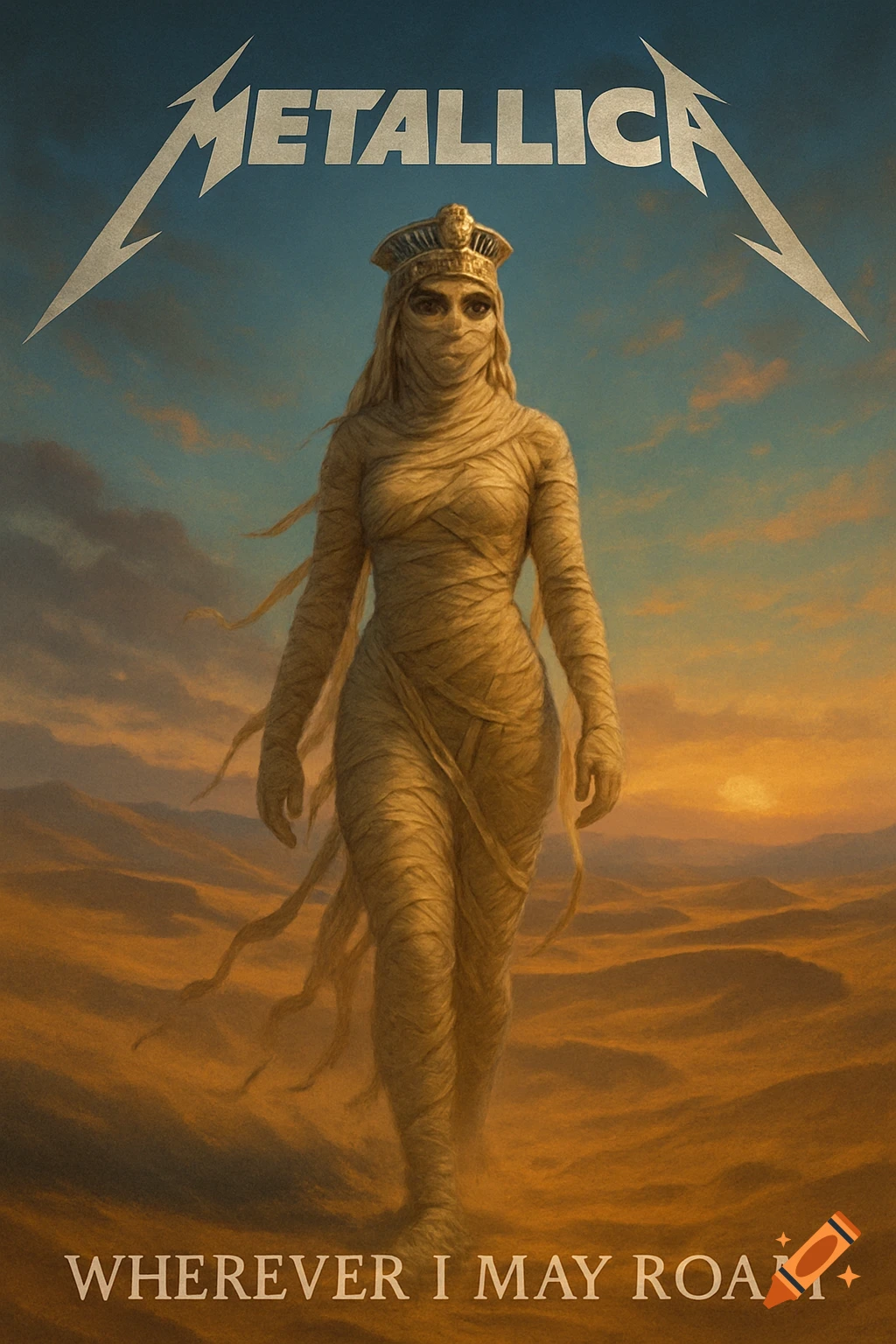 A mummy-wrapped woman with an Egyptian crown walks through a windy desert. 'Metallica' is at the top, 'Wherever I May Roam' at the bottom.