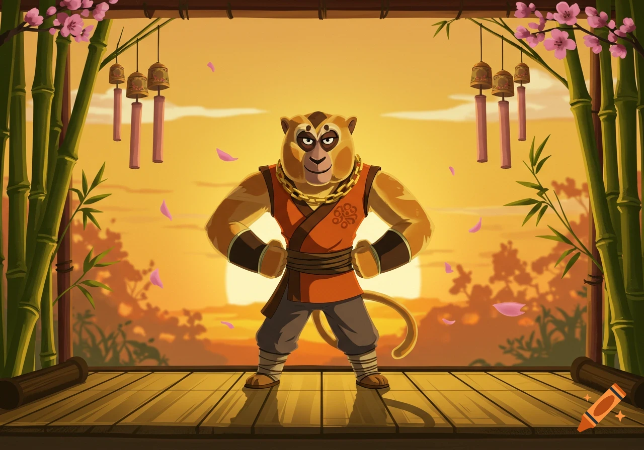 A cartoon monkey in a martial arts uniform on a dojo platform at sunset with bamboo and cherry blossoms.