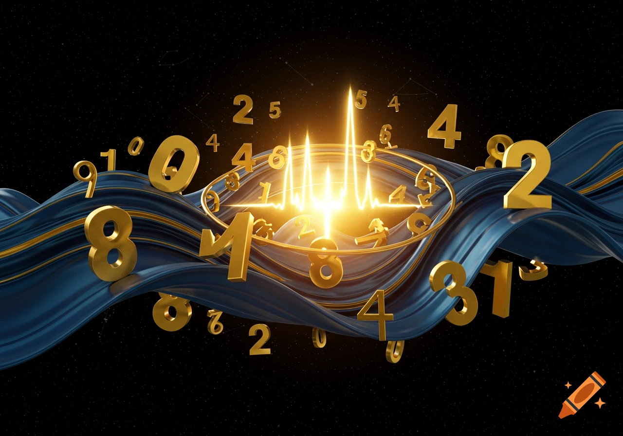 Abstract 3D art with metallic blue and gold waves, golden numbers, and a central glowing light pulse on a dark, starry background.