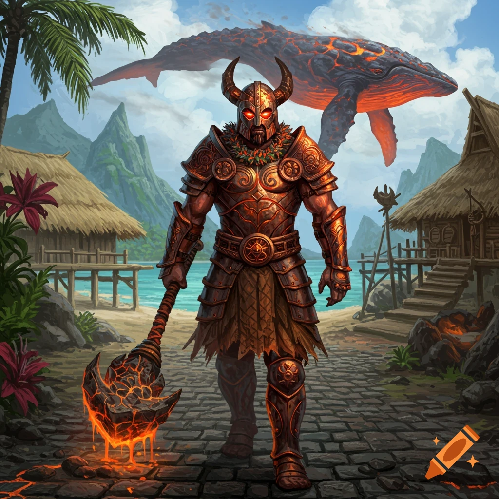 A heavily armored warrior with glowing red eyes and a lava mace walks on a cobblestone path on a tropical beach. A flying lava whale hovers above.