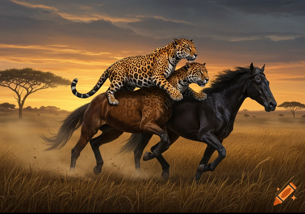 Two jaguars riding on two horses through a golden savanna at sunset, photorealistic style.