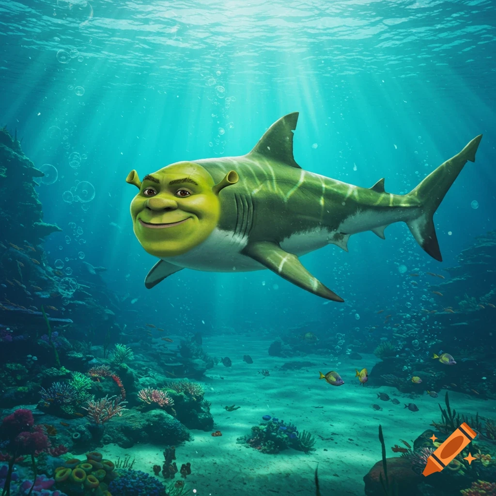 A photorealistic image of a shark with Shrek's green face and ears, smiling while swimming in a vibrant underwater coral reef.