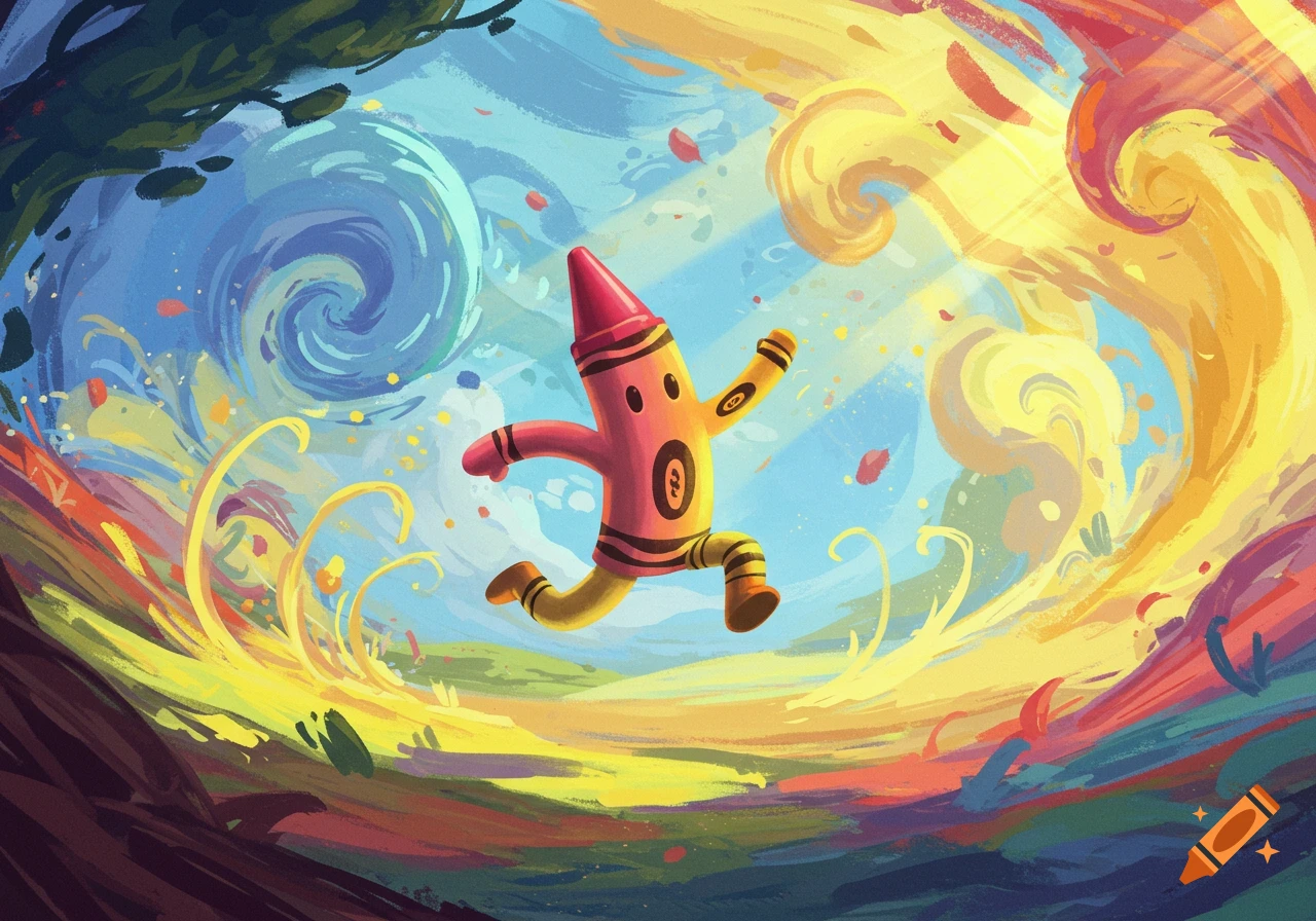 A cheerful, cartoony crayon character in shades of pink and orange runs through a vibrant, swirling, colorful landscape with a painterly style.