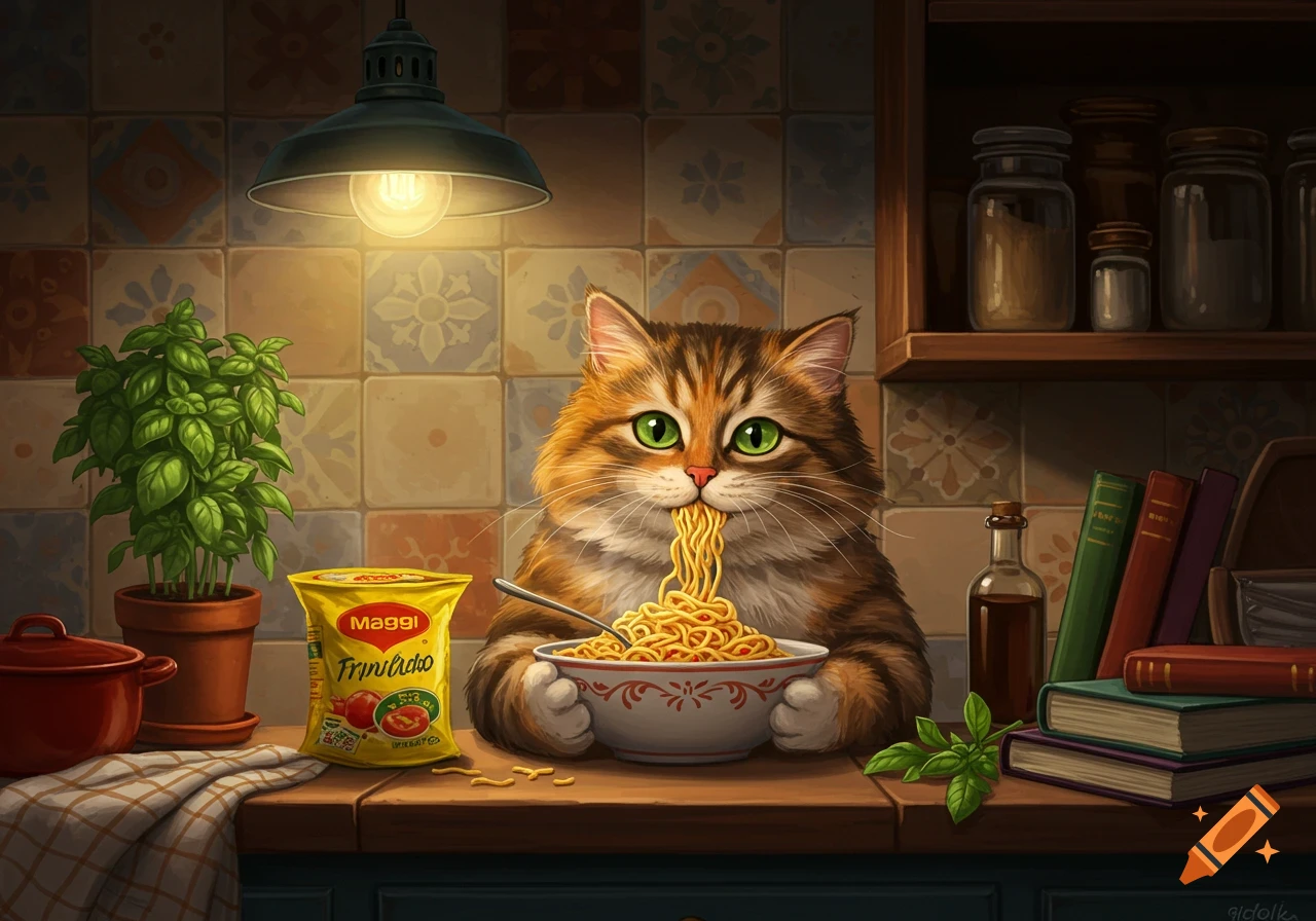 A fluffy brown tabby cat with green eyes slurps spaghetti from a bowl on a kitchen counter, next to a yellow Maggi packet. Illustrated.