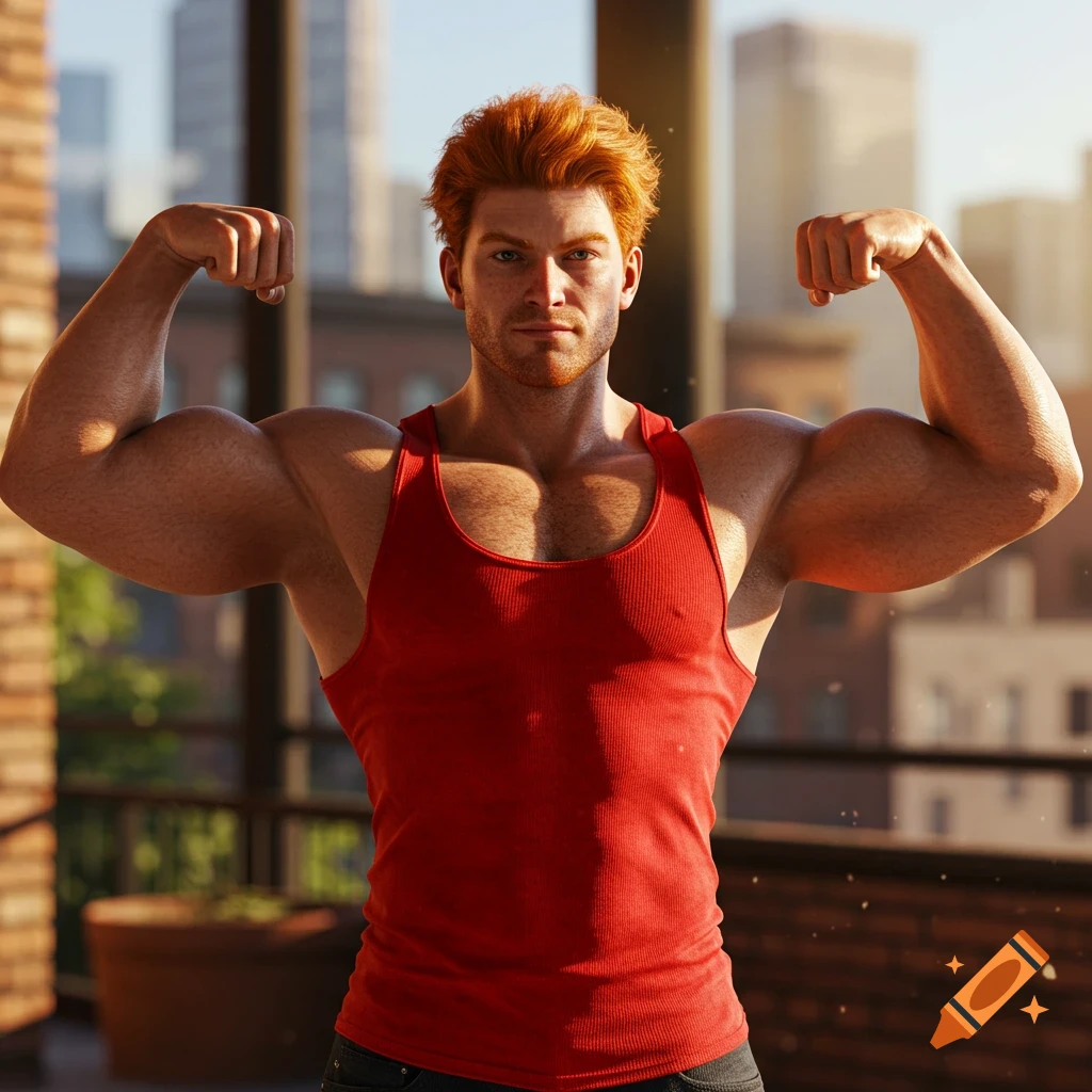 A muscular ginger man in a red tank top flexing his biceps on a balcony overlooking a city.
