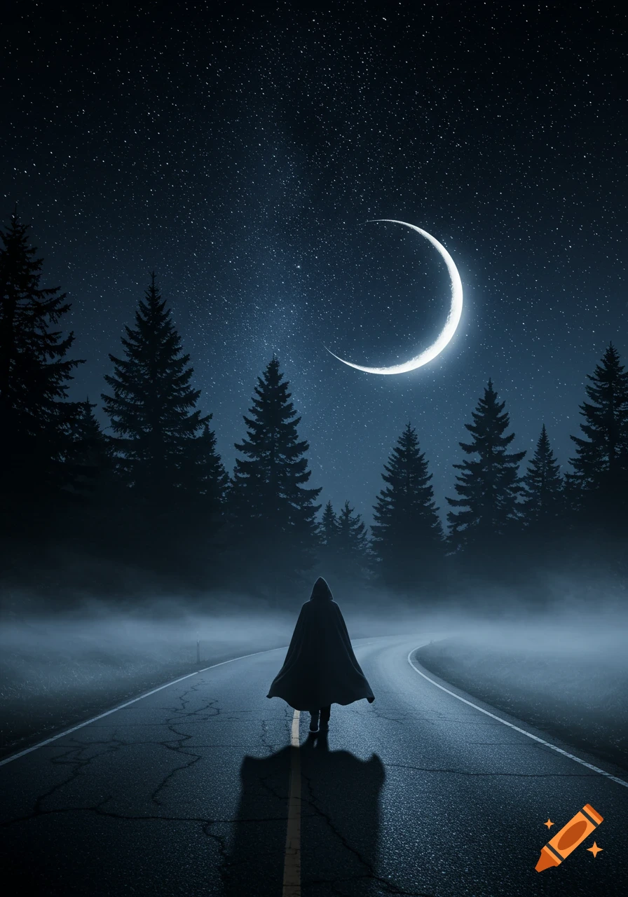 A cloaked figure walks down a winding, misty road through a forest at night under a crescent moon and starry sky.