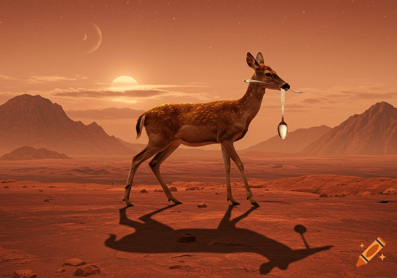 A photorealistic deer walks on a red Martian desert, holding a silver spoon in its mouth, with a sun and crescent moon.