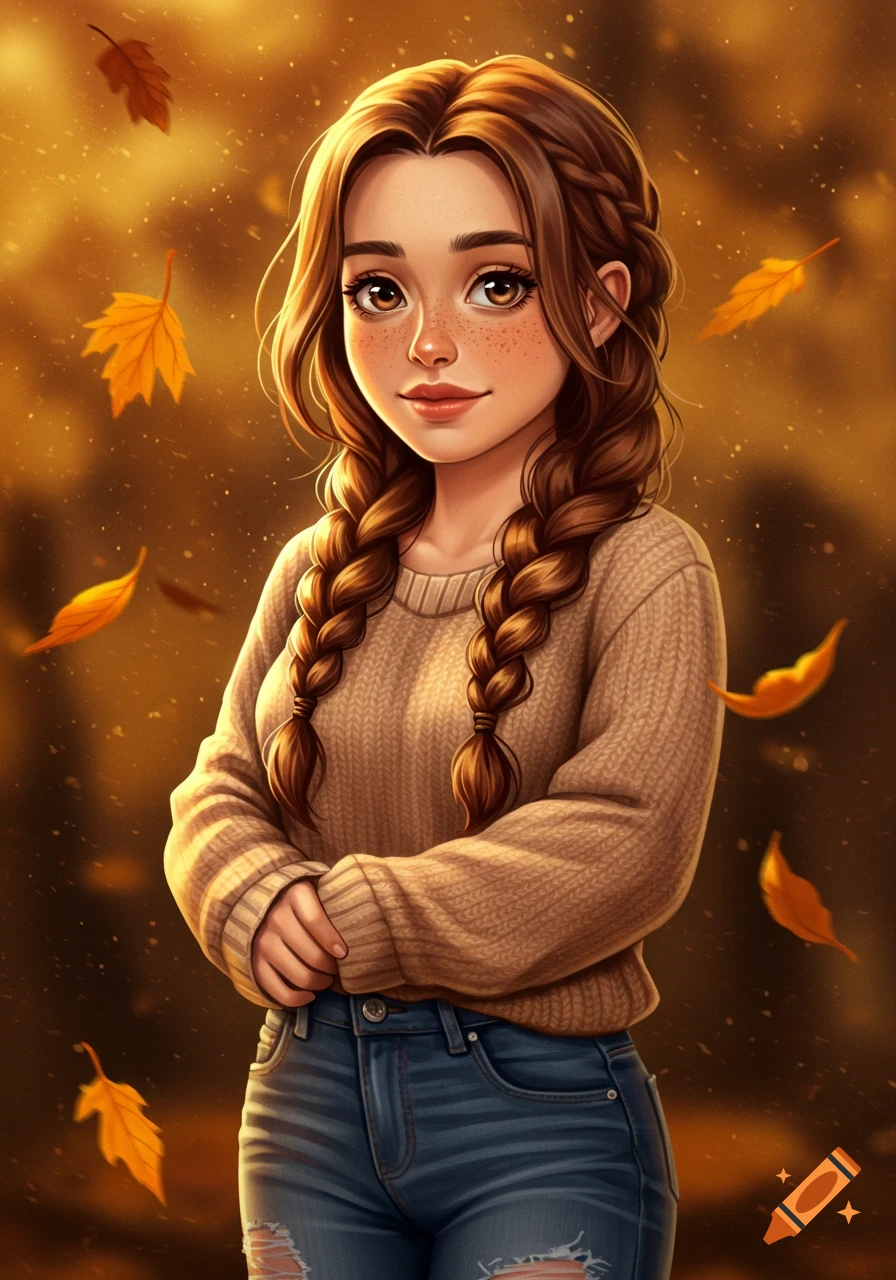 Stylized illustration of a young woman with braided brown hair and freckles, wearing a beige sweater, standing amidst falling autumn leaves.