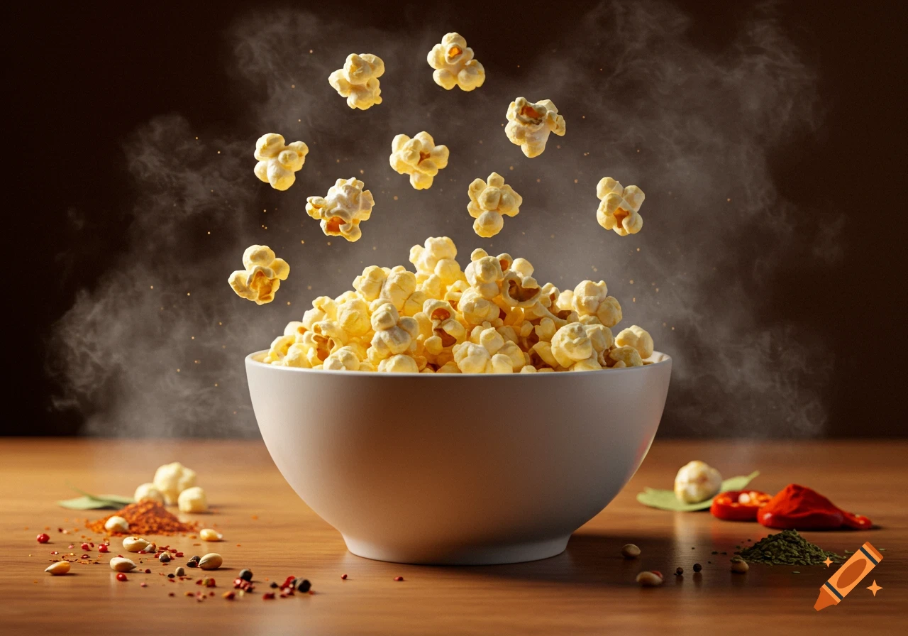 A bowl of popcorn with pieces floating above it, steam rising, and spices scattered on a wooden table.
