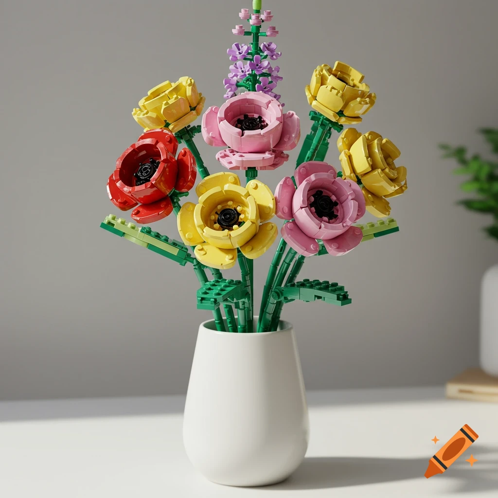 A photorealistic LEGO flower bouquet featuring colorful bricks in a white vase on a white table.