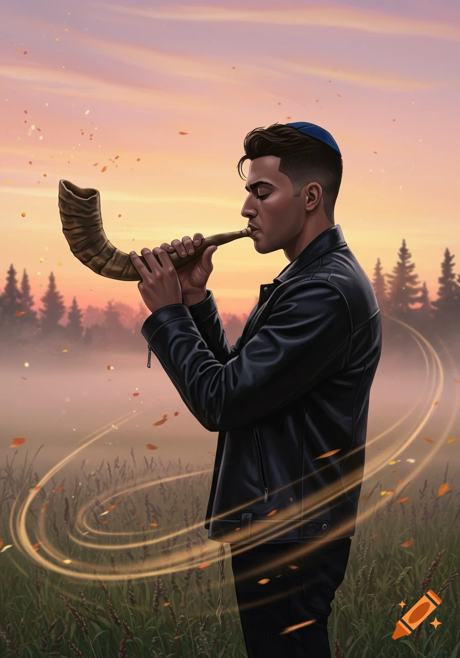 Stylized illustration of a man with a yarmulke and leather jacket blowing a shofar in a field at sunset, with glowing swirls.