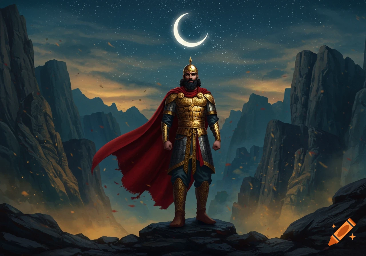 Bearded warrior in golden armor and red cape stands on rocks under a starry night sky with a crescent moon, mountains in background.