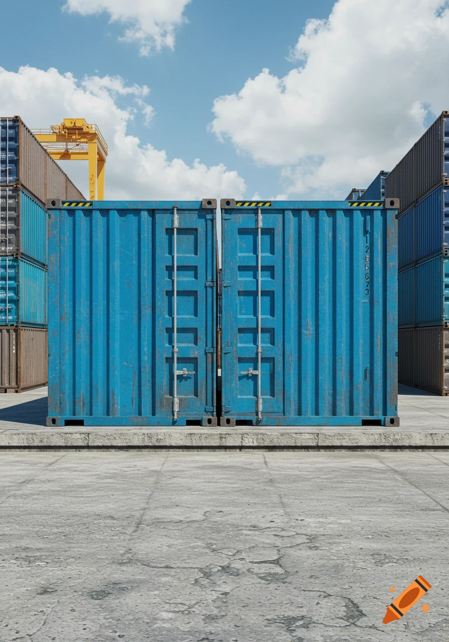 Two weathered blue cargo containers stand side-by-side in a shipping yard under a partly cloudy sky, with more containers and a yellow crane in the background.