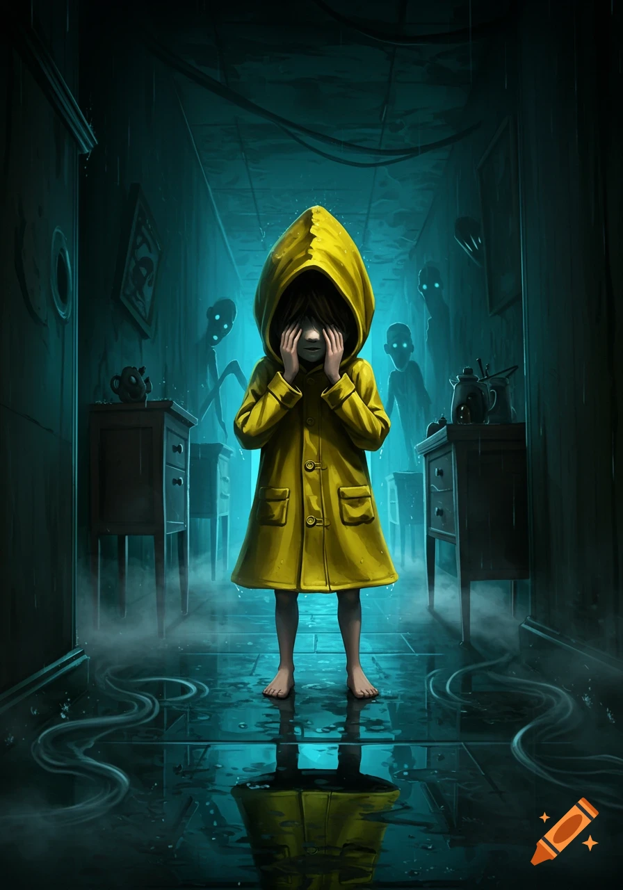 A child in a yellow raincoat covers its face in a dark, wet hallway with eerie shadowy figures, in a horror game art style.