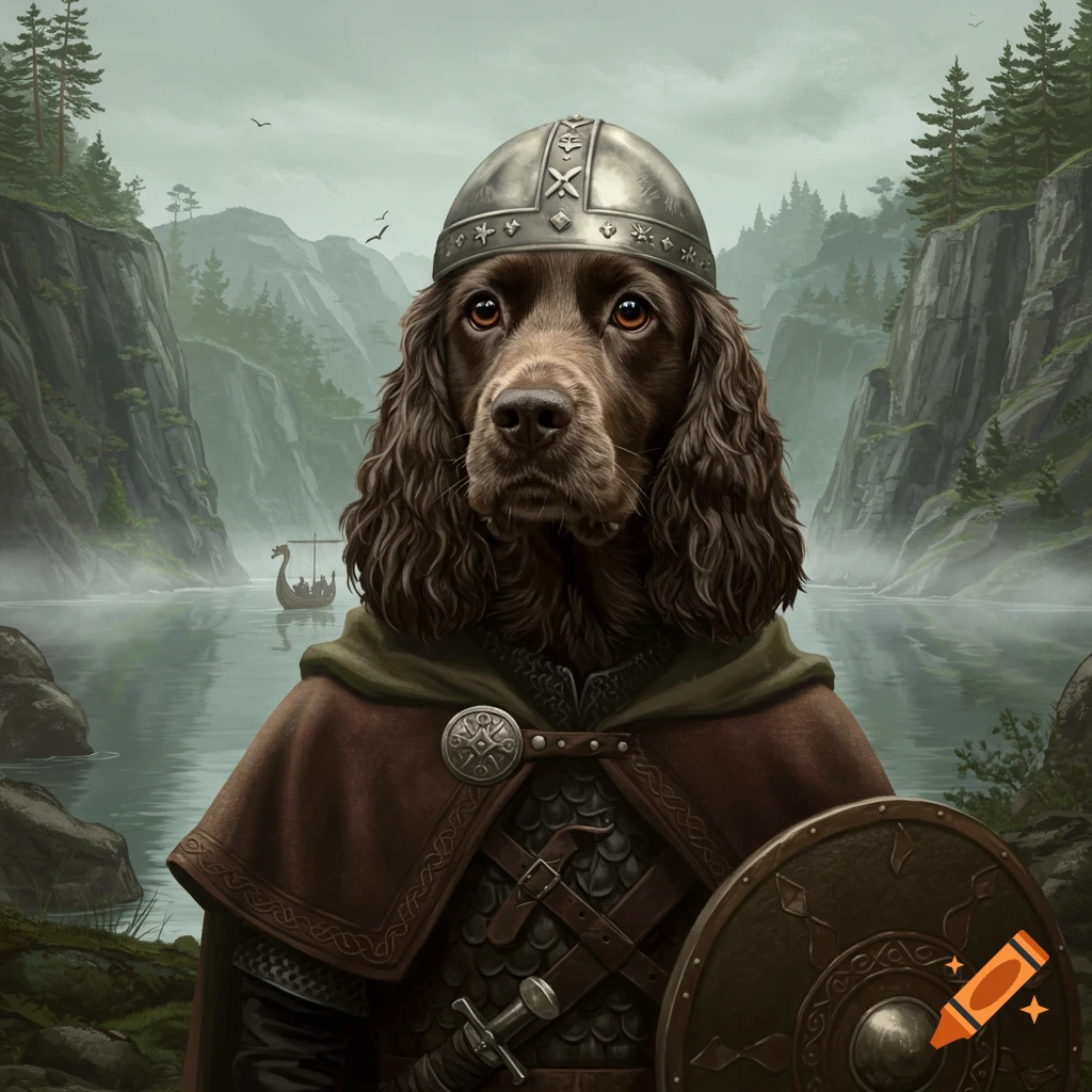 A photorealistic sable cocker spaniel dressed as a Viking warrior with a helmet, armor, and shield, standing by a misty fjord.