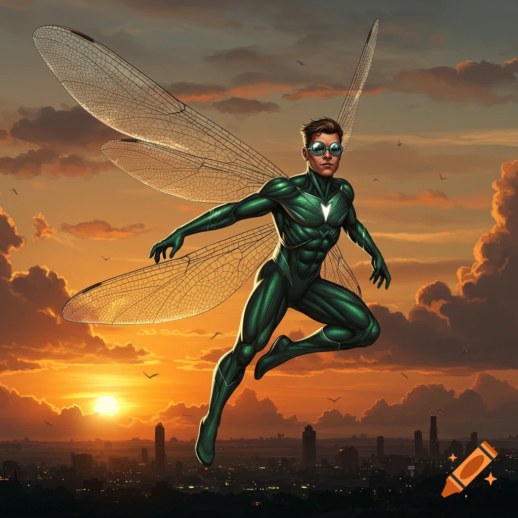 Male dragonfly superhero in a green suit and goggles, flying above a city skyline at sunset in a comic art style.